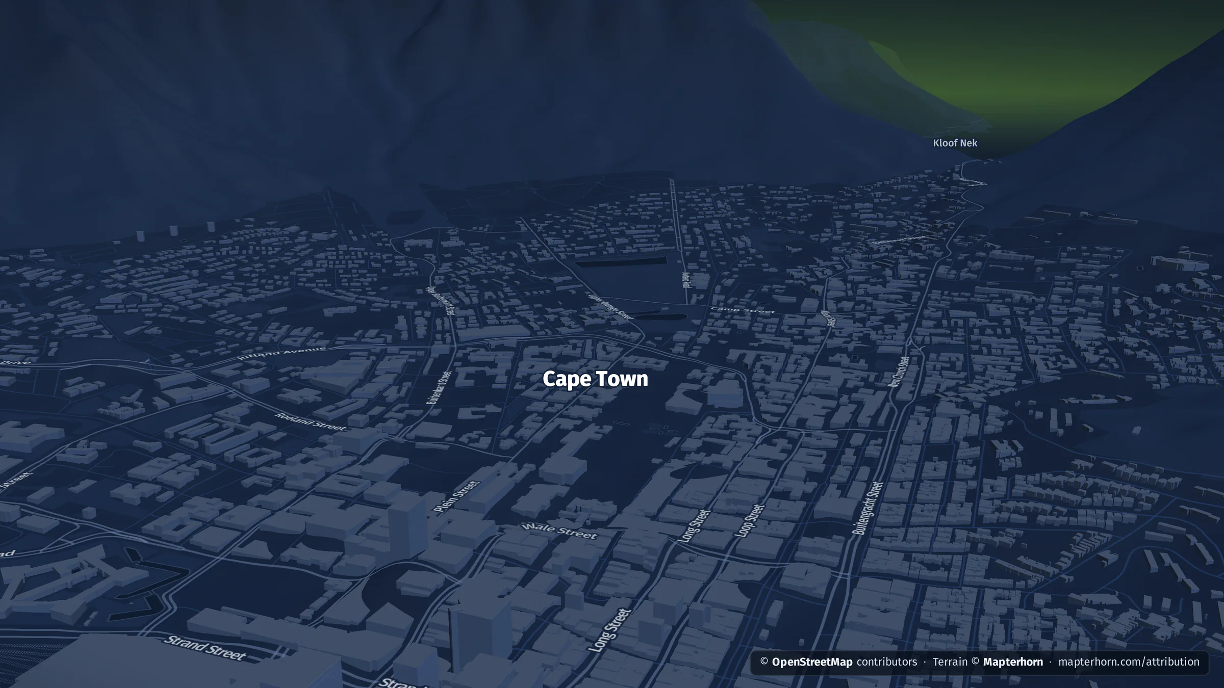 Cape Town in 3D: Table Mountain rising behind the city bowl, with extruded buildings and terrain, rendered by datamind.earth.