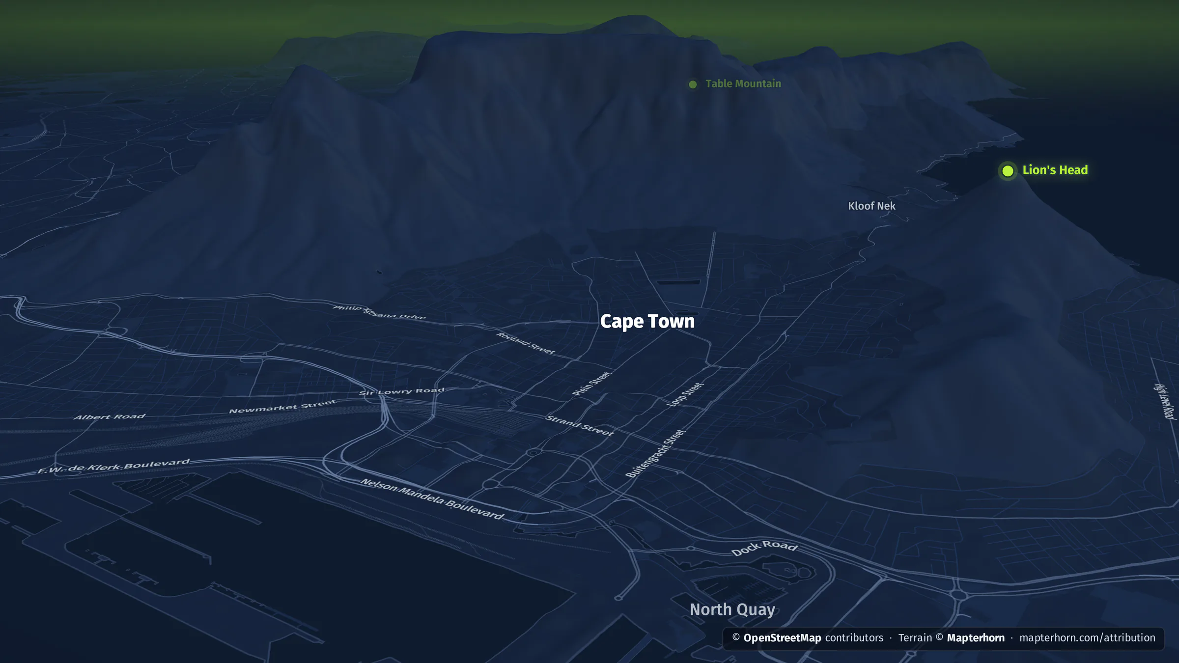 Cape Town: Table Mountain rising behind the city bowl, rendered by datamind.earth.
