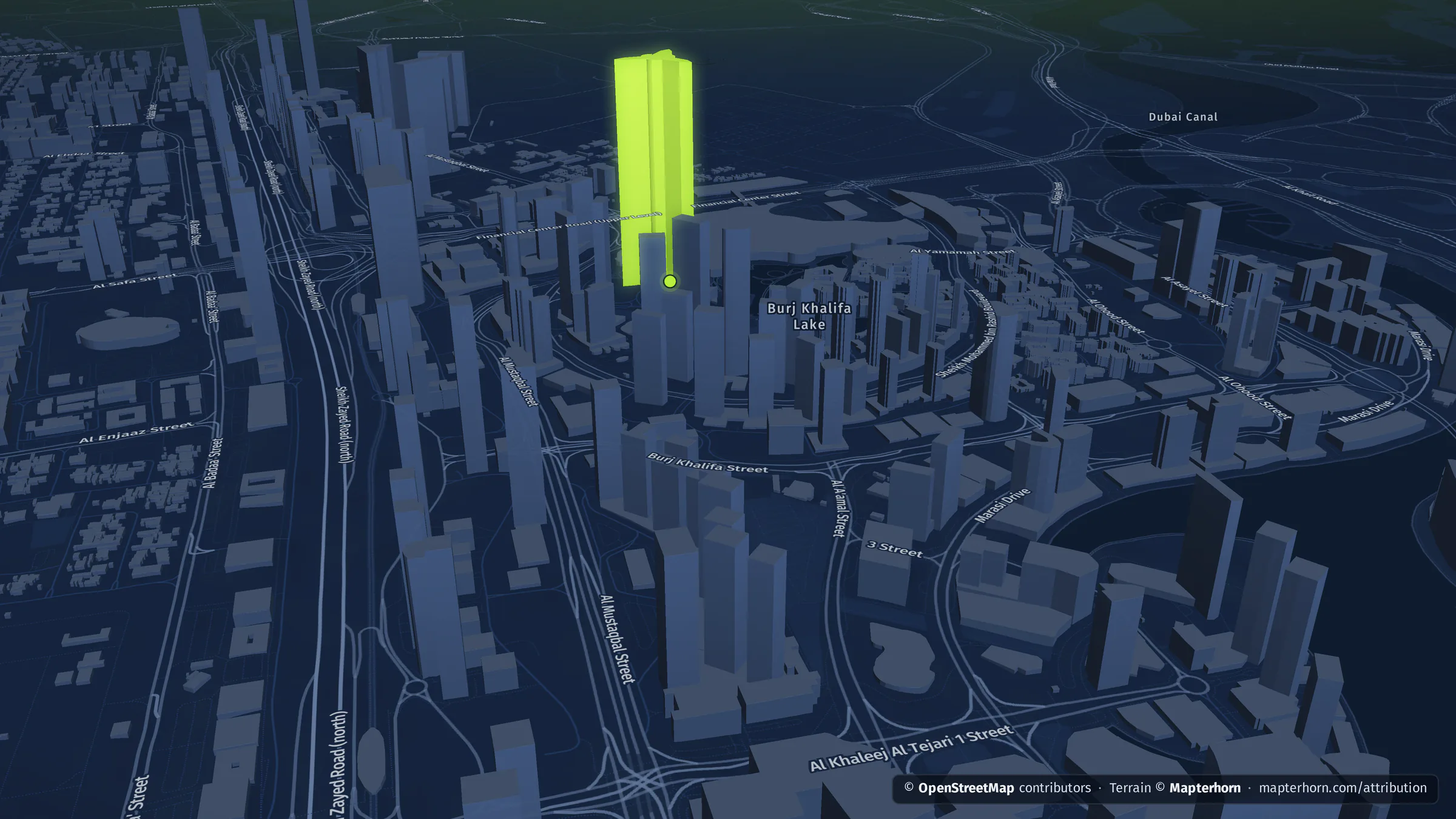 Dubai in 3D: Downtown Dubai and the Burj Khalifa, with extruded buildings and terrain, rendered by datamind.earth.