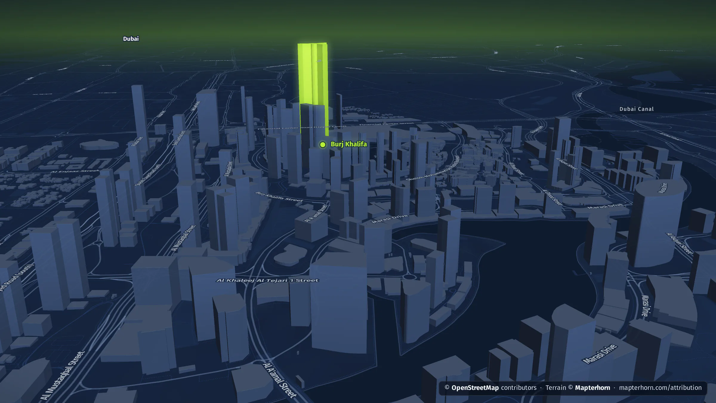 Dubai: Downtown Dubai and the Burj Khalifa, rendered by datamind.earth.
