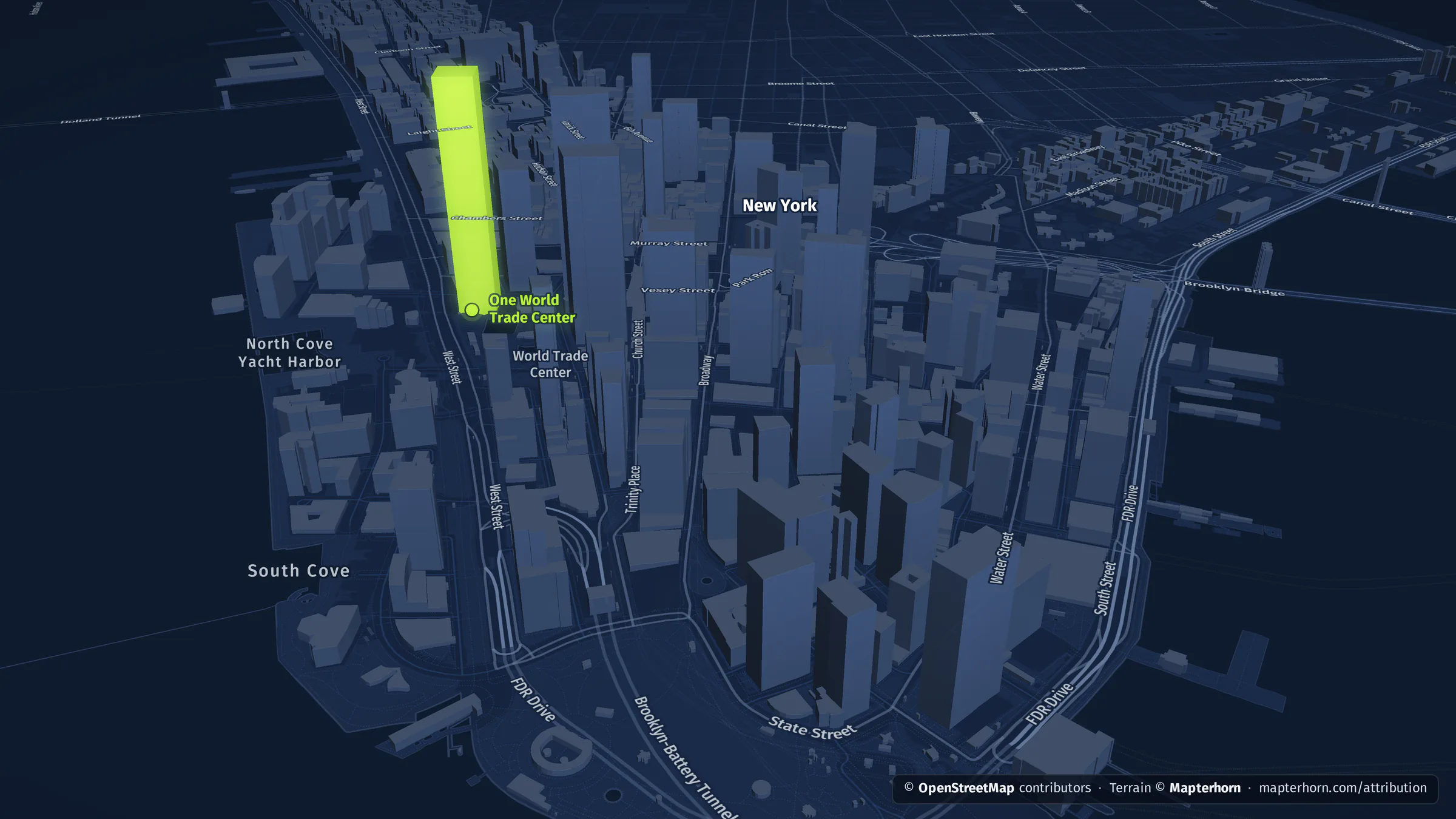 New York in 3D: Manhattan, from the Empire State Building to One World Trade Center, with extruded buildings and terrain, rendered by datamind.earth.