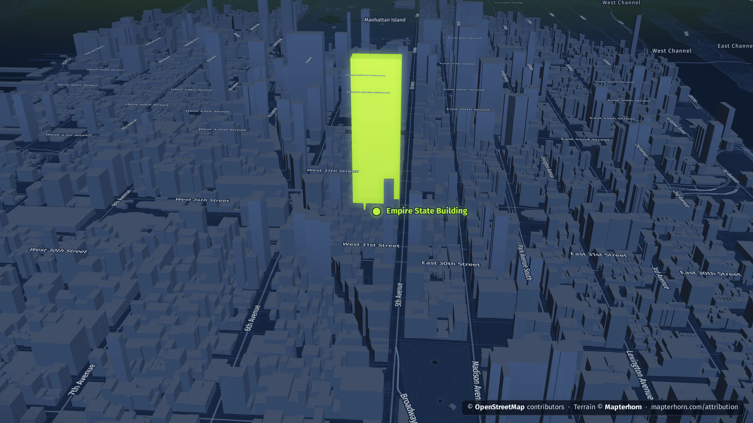 New York: Manhattan, from the Empire State Building to One World Trade Center, rendered by datamind.earth.