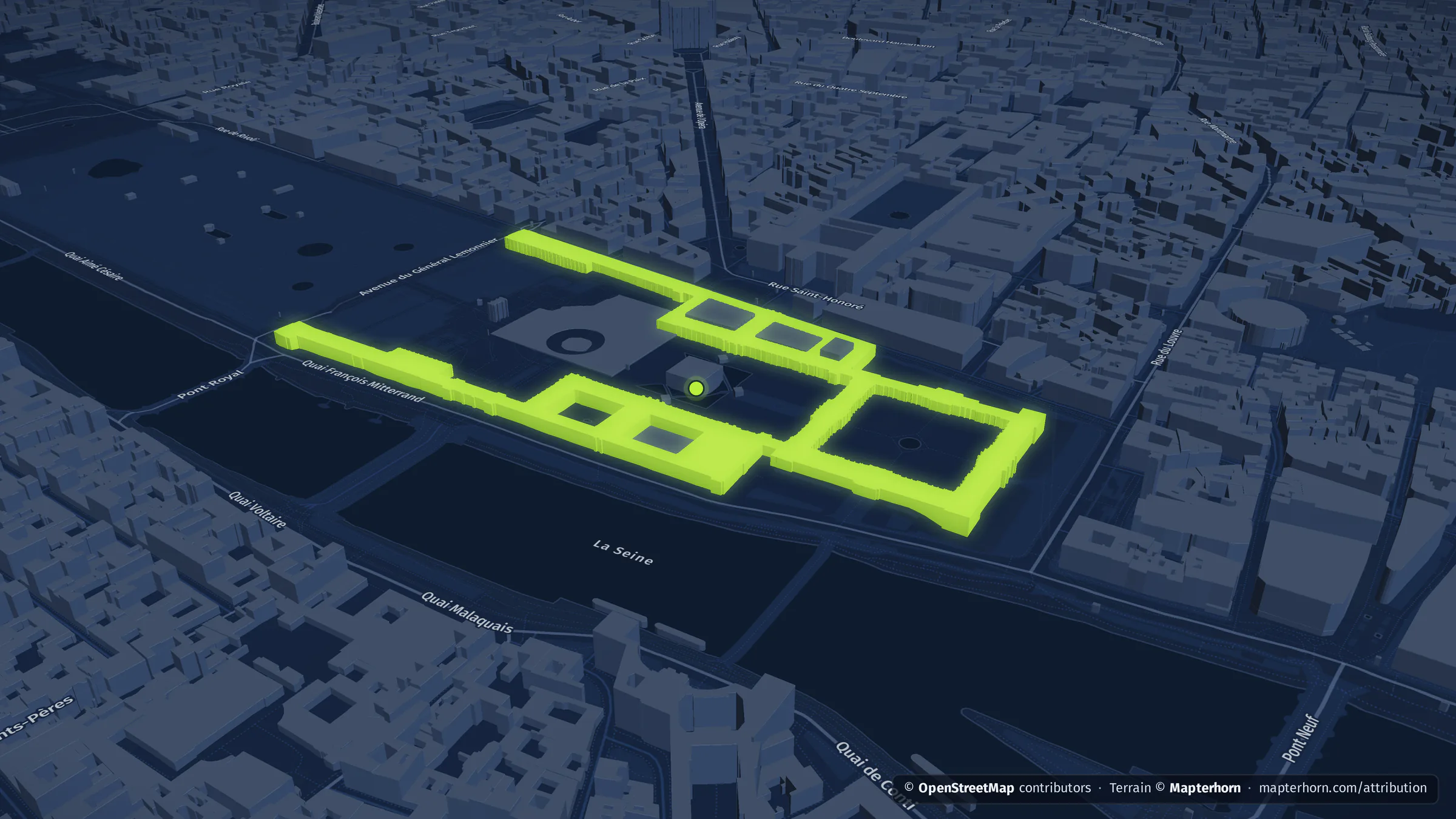 Paris in 3D: the Louvre and the Seine, among the Haussmann blocks, with extruded buildings and terrain, rendered by datamind.earth.