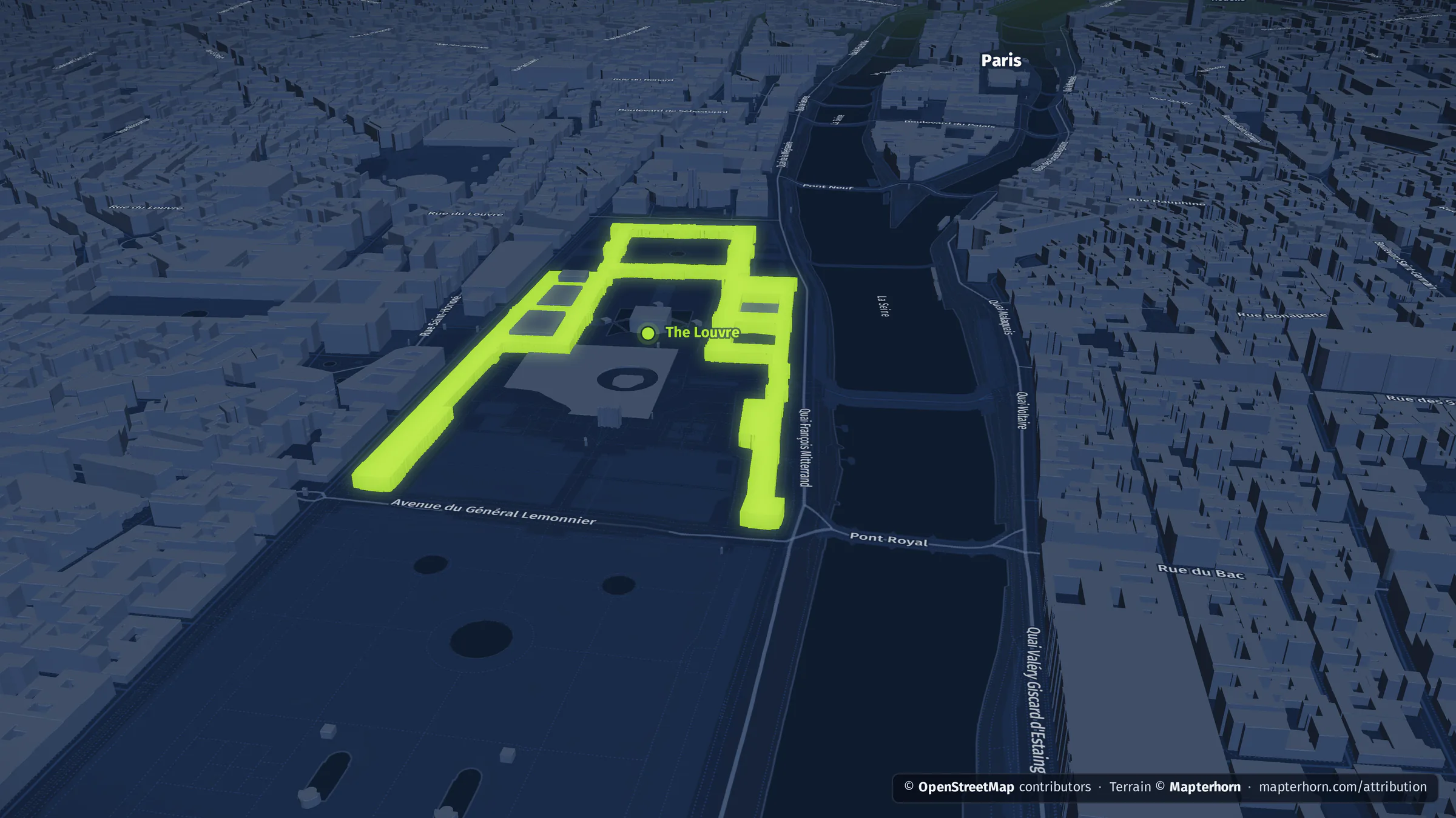 Paris: the Louvre and the Seine, among the Haussmann blocks, rendered by datamind.earth.