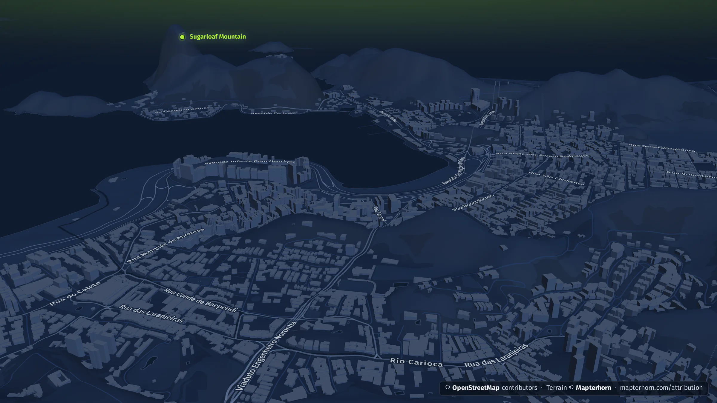 Rio de Janeiro in 3D: Botafogo Bay with Sugarloaf Mountain and the granite peaks behind the city, with extruded buildings and terrain, rendered by datamind.earth.