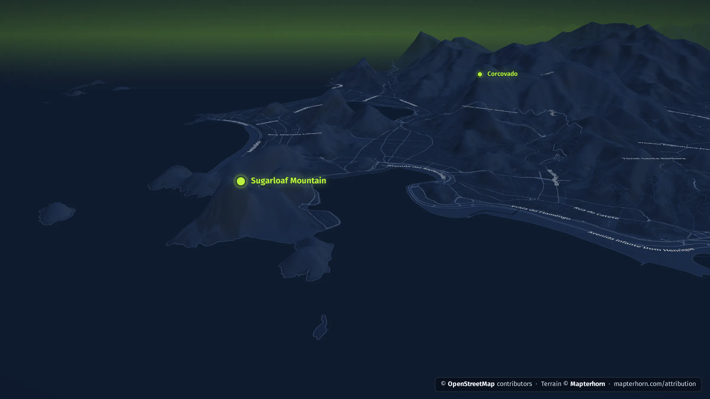 Rio de Janeiro: Botafogo Bay with Sugarloaf Mountain and the granite peaks behind the city, rendered by datamind.earth.