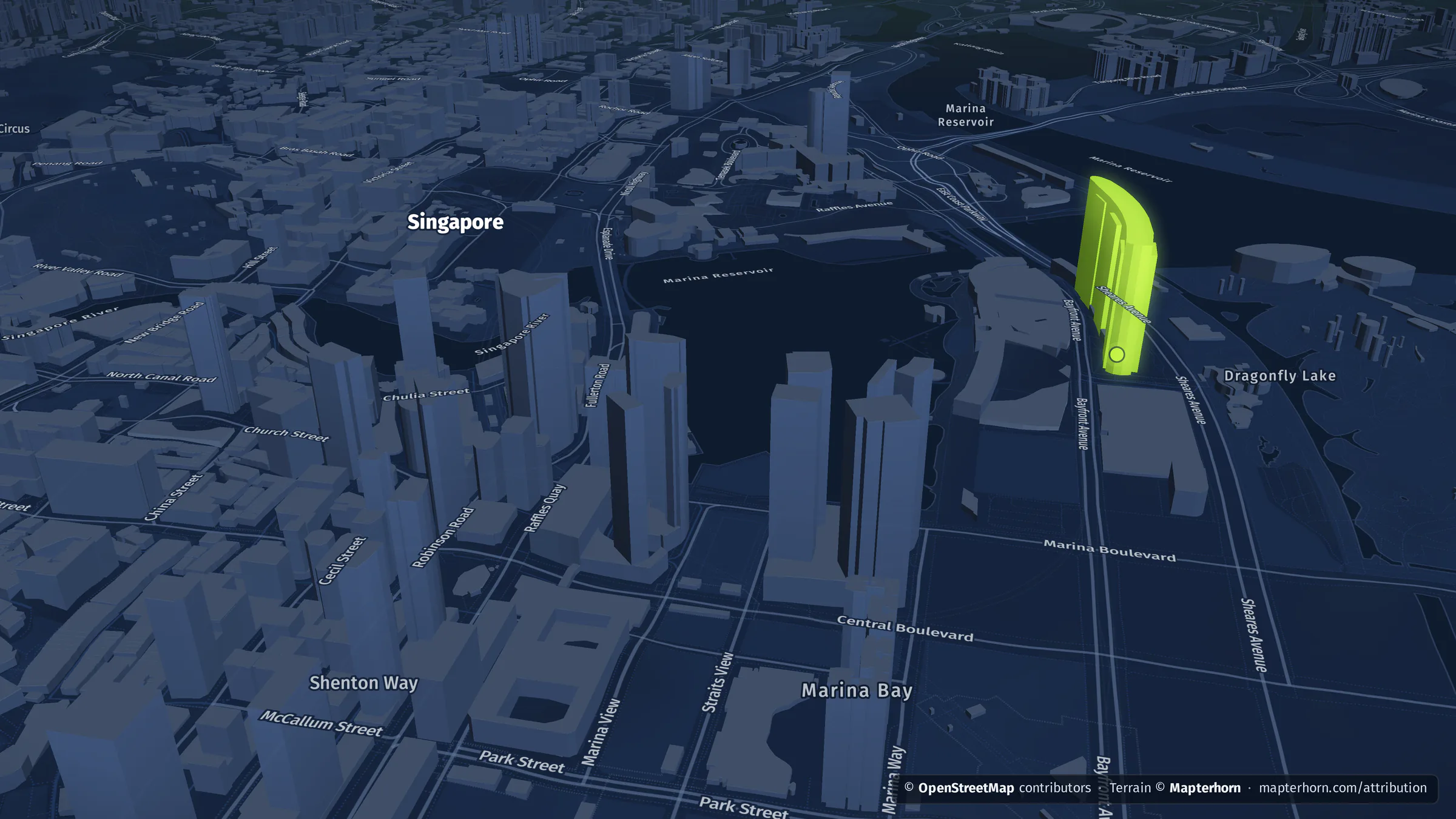 Singapore in 3D: Marina Bay and the financial district, with extruded buildings and terrain, rendered by datamind.earth.