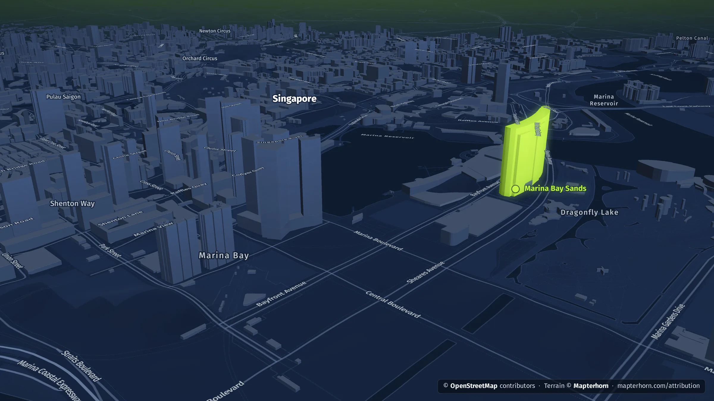 Singapore: Marina Bay and the financial district, rendered by datamind.earth.