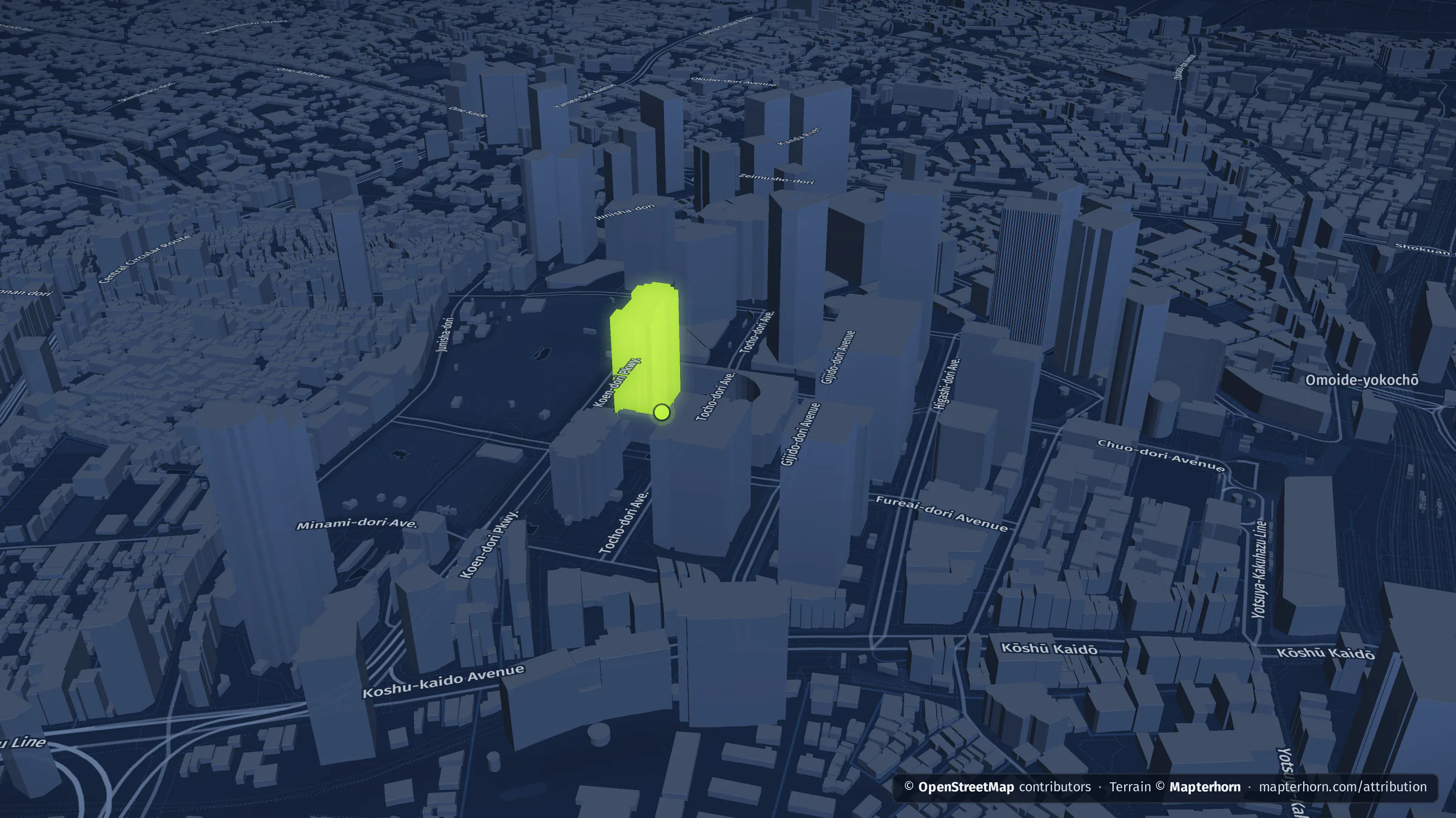 Tokyo in 3D: the towers of Shinjuku and the rail lines that feed them, with extruded buildings and terrain, rendered by datamind.earth.
