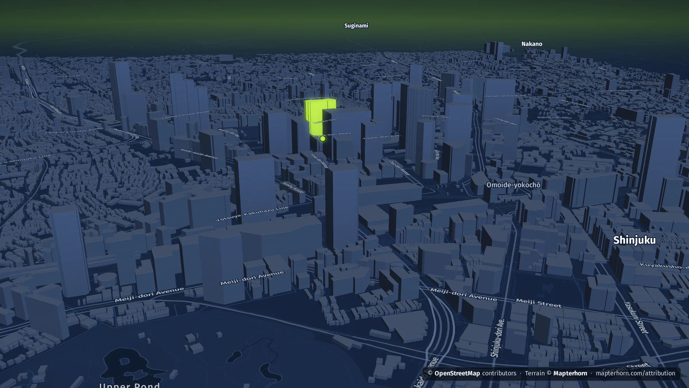 Tokyo: the towers of Shinjuku and the rail lines that feed them, rendered by datamind.earth.